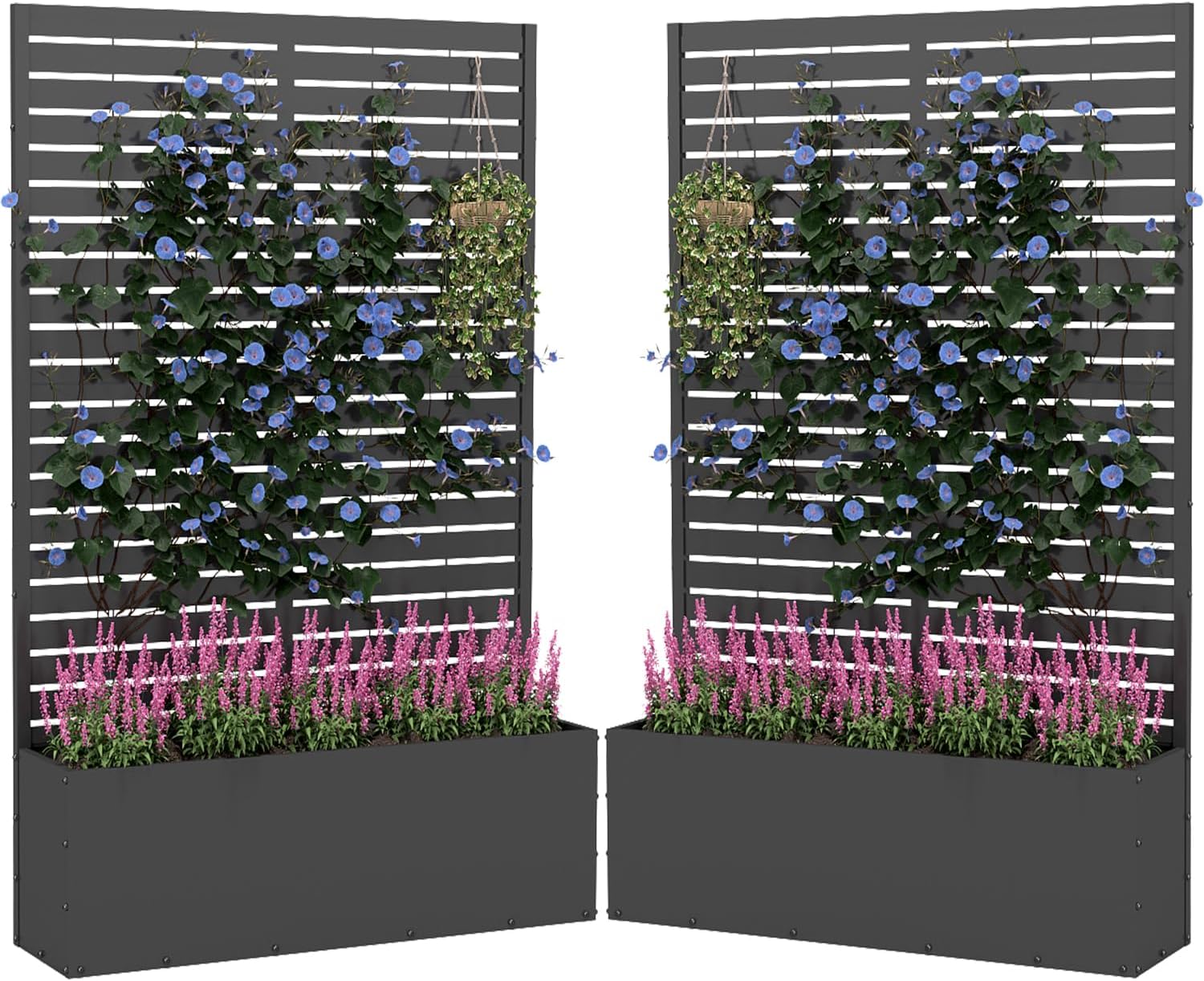 2PCS Metal Planter Box with Trellis,70.9"x47.2"x15.7" Raised Garden Bed with Drainage Holes, Privacy Planters for Outdoor, Garden Bed for Climbing Plants,Vegetables,and Vines, Black-louvered