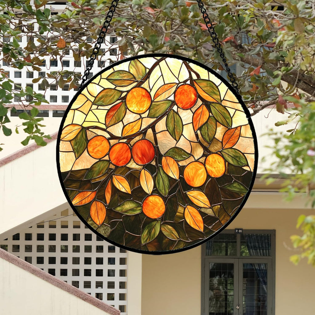 Stained Glass Suncatcher, Orange Green Fruit Tree Sun Catcher Landscape Stain Glass Window Hanging Decoration Mother's Day Birthday Gifts for Women Men Mom Nana 6.3 in