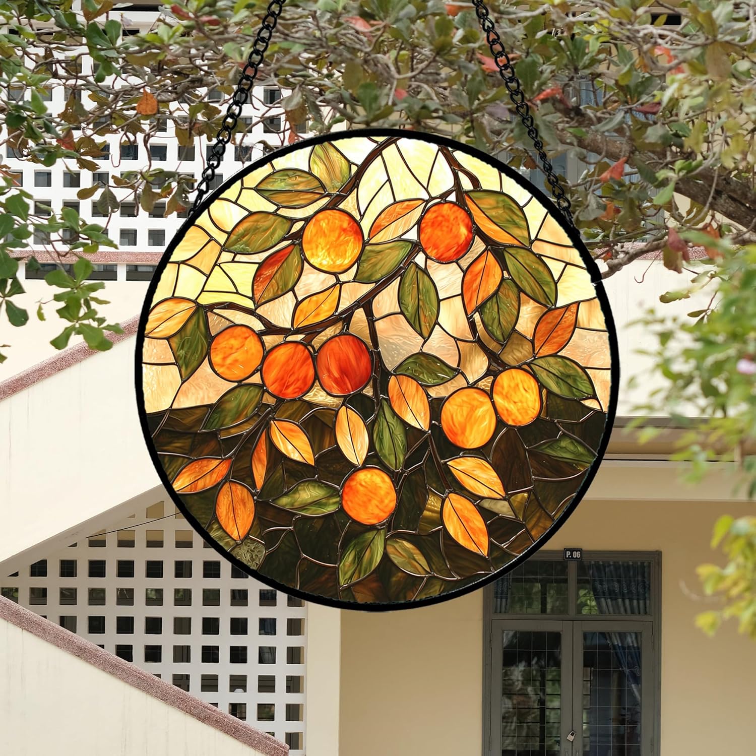 Stained Glass Suncatcher, Orange Green Fruit Tree Sun Catcher Landscape Stain Glass Window Hanging Decoration Mother's Day Birthday Gifts for Women Men Mom Nana 6.3 in