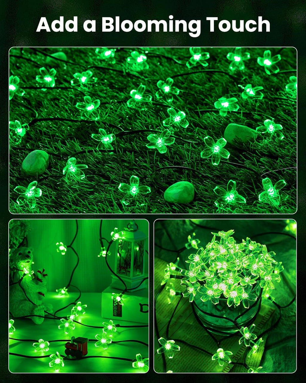 Brightown 2 Pack Total 52FT 120 LED Solar Flower String Lights for Outside Waterproof Fairy Lights for Garden Yard Fence Patio Christmas Tree Wedding Party Decor, Green
