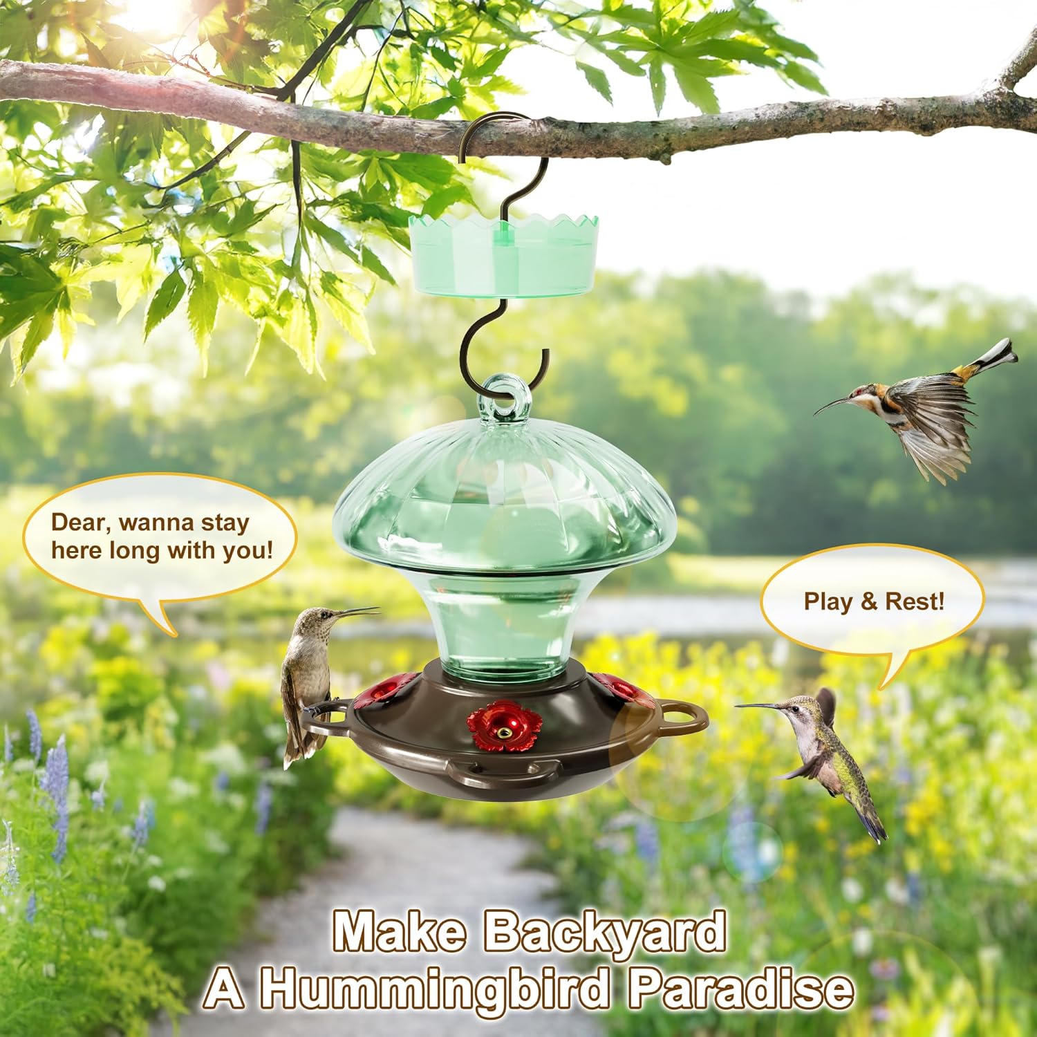 Hummingbird Feeder, Auslar 15 Ounces Glass Hummingbird Feeders for Outdoors Hanging Ant and Bee Proof, Ant Moat & 4 Flower Feeding Ports, Rustproof, Leakproof, Mushroom Shape, Green