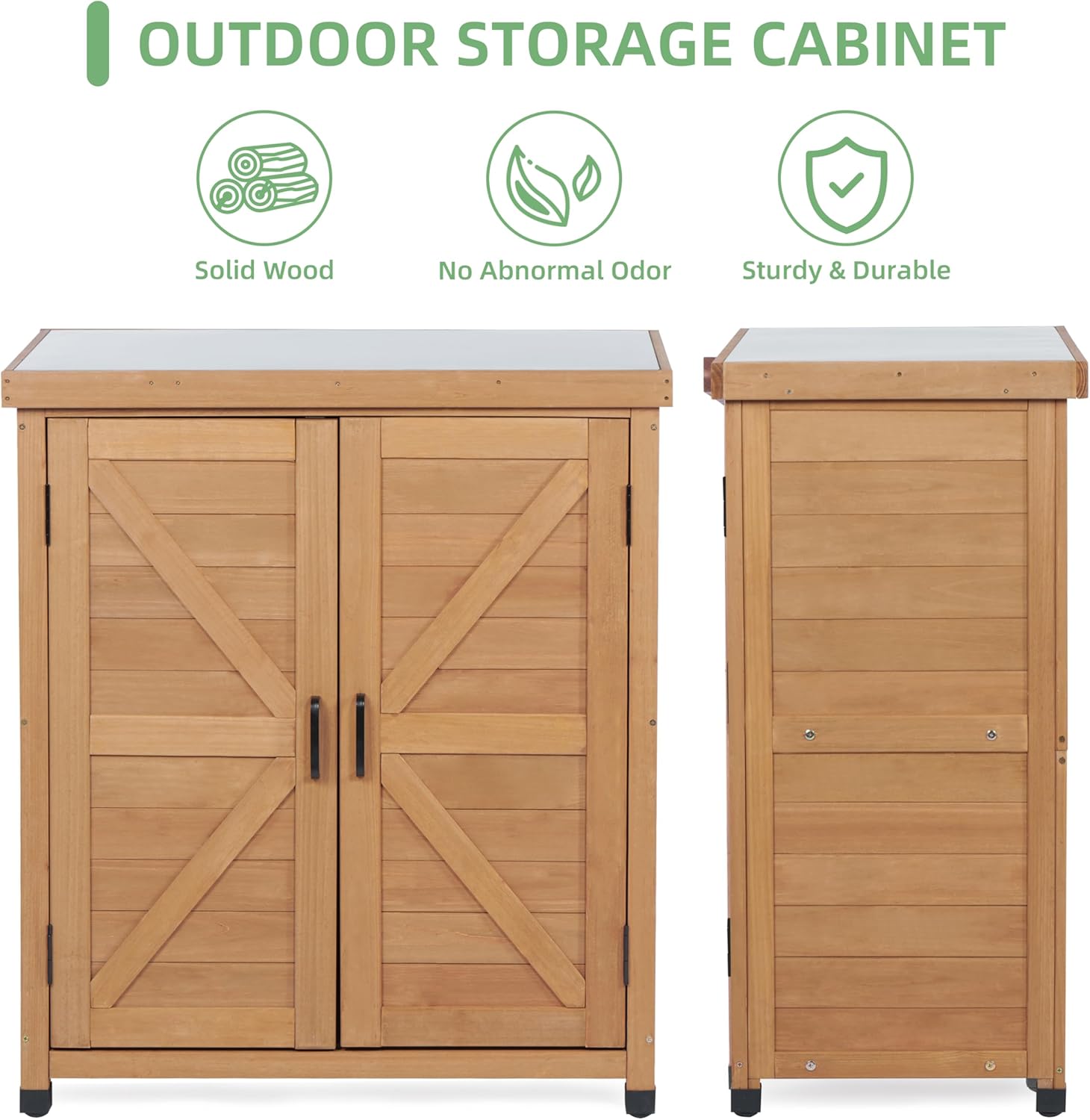 Potting Bench with Storage Cabinet and Metal Table Top for Outdoor Patio, Garden Furniture Wood Workstation