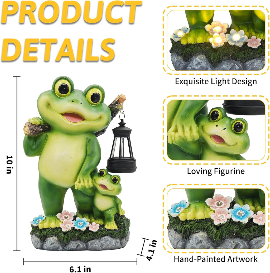 Outdoor Frog Garden Decor: 10'' Yard Decoration with LED Lantern Funny Solar Parent-Child Frog Statue Gifts for Women Gardener Housewarming Gift