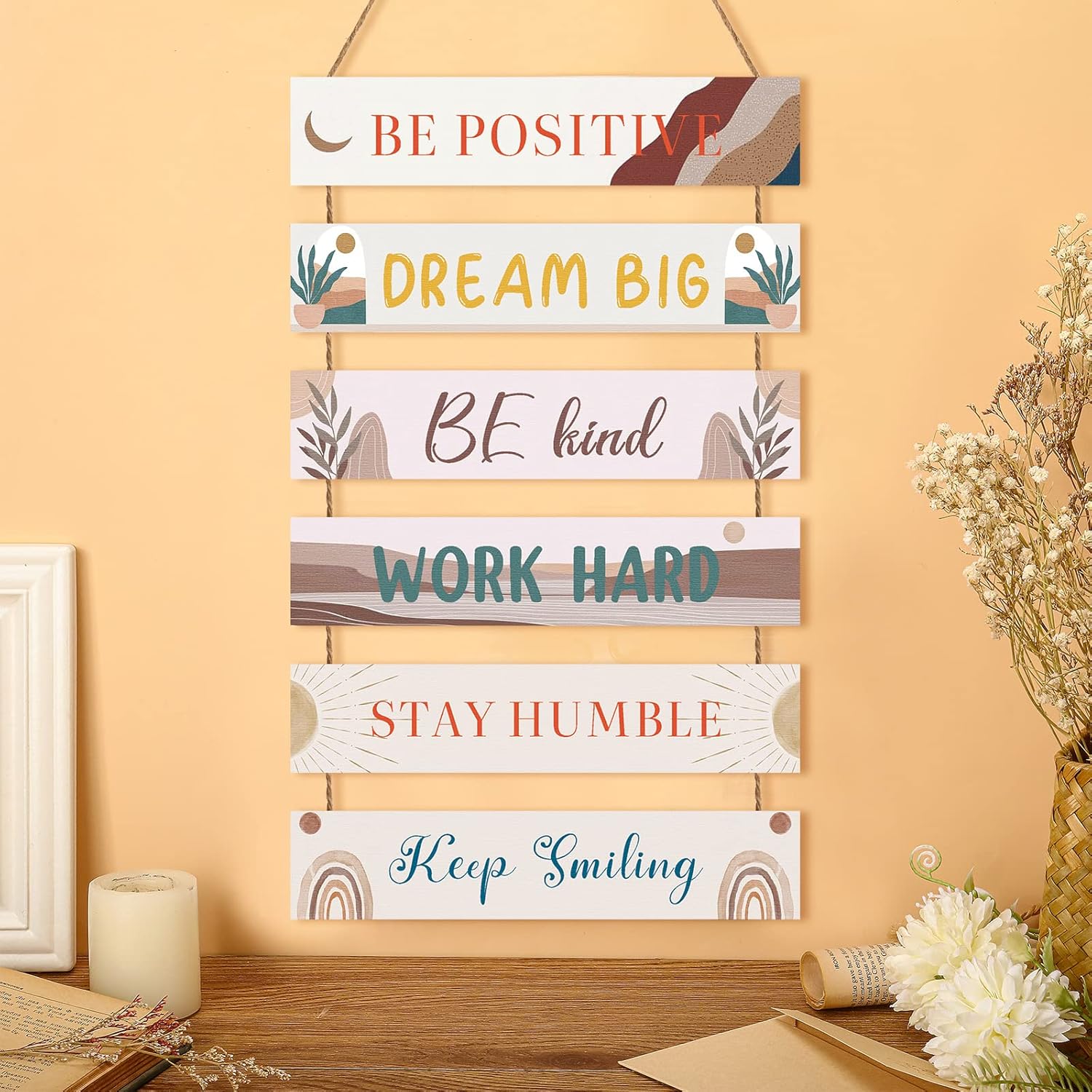 6 Pieces Rustic Wall Hanging Plaque Sign Inspirational Wall Art Farmhouse Wooden Door Signs Positive Plaque with Quotes Motivational Quote Decor for Office Bedroom Living Room(Cute Style)