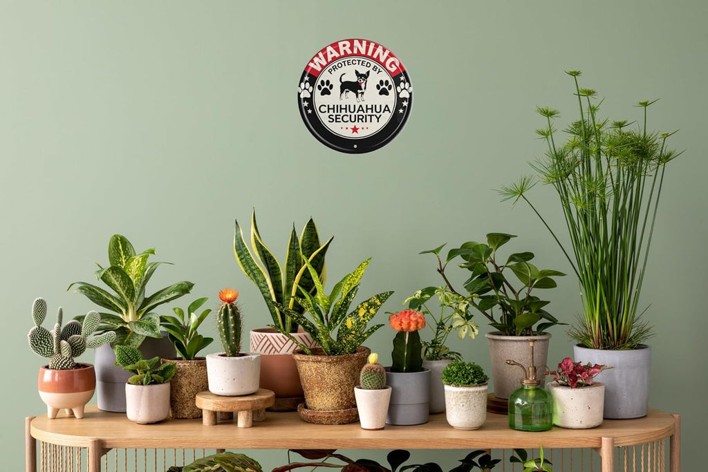 Chihuahua Security Warning Tin Sign Metal Round Sign for Wall Art Room Restaurant Bar Cafe Garage Decor Plaque Unique Gift for Dog Lovers 8x8 In
