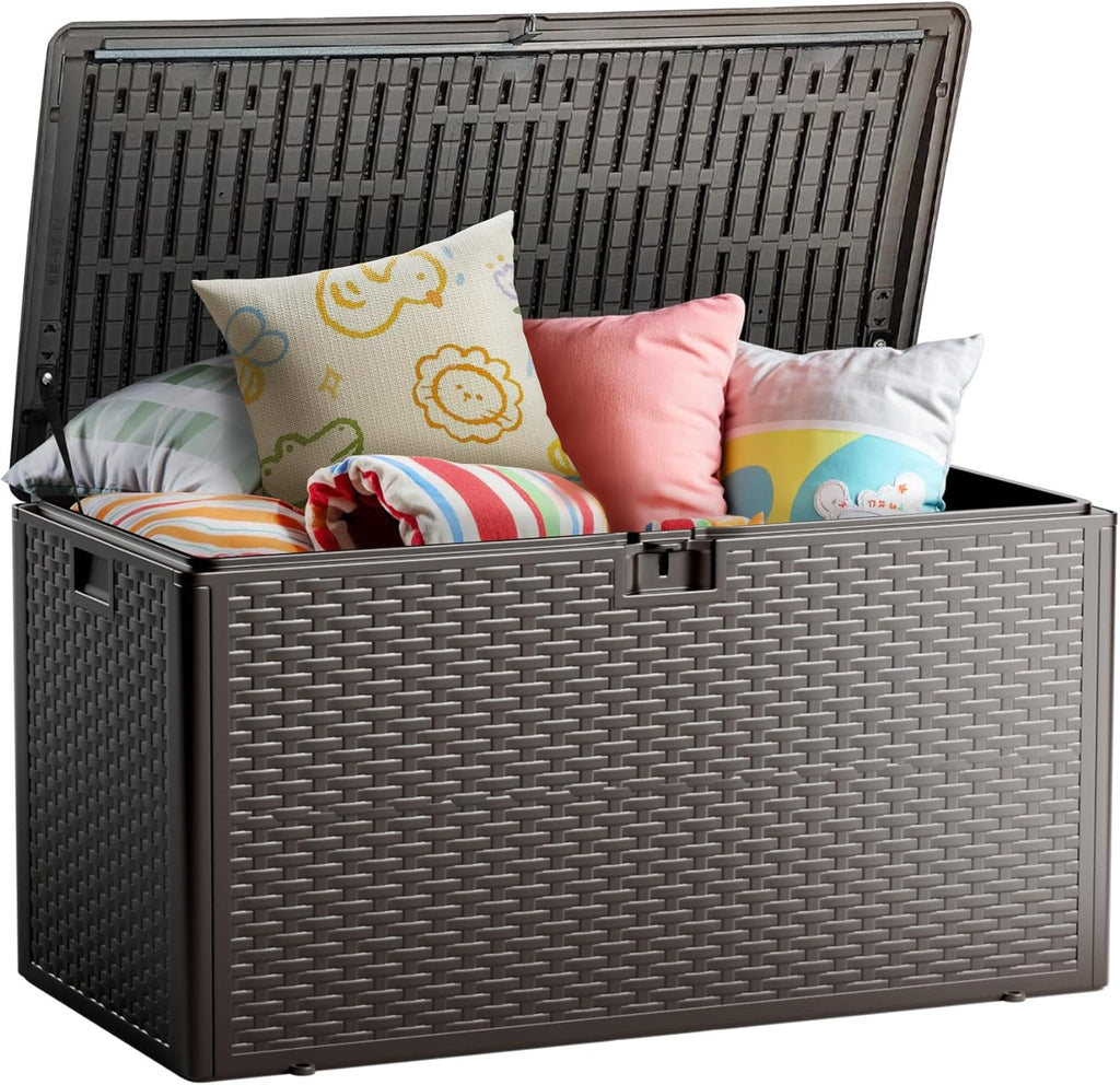 73 Gallon Deck Box, Double Layer Waterproof Resin Outdoor Indoor Storage Box, Lockable & UV Resistant Storage Bin for Patio Furniture, Garden Tools, Pool Accessories (Brown)
