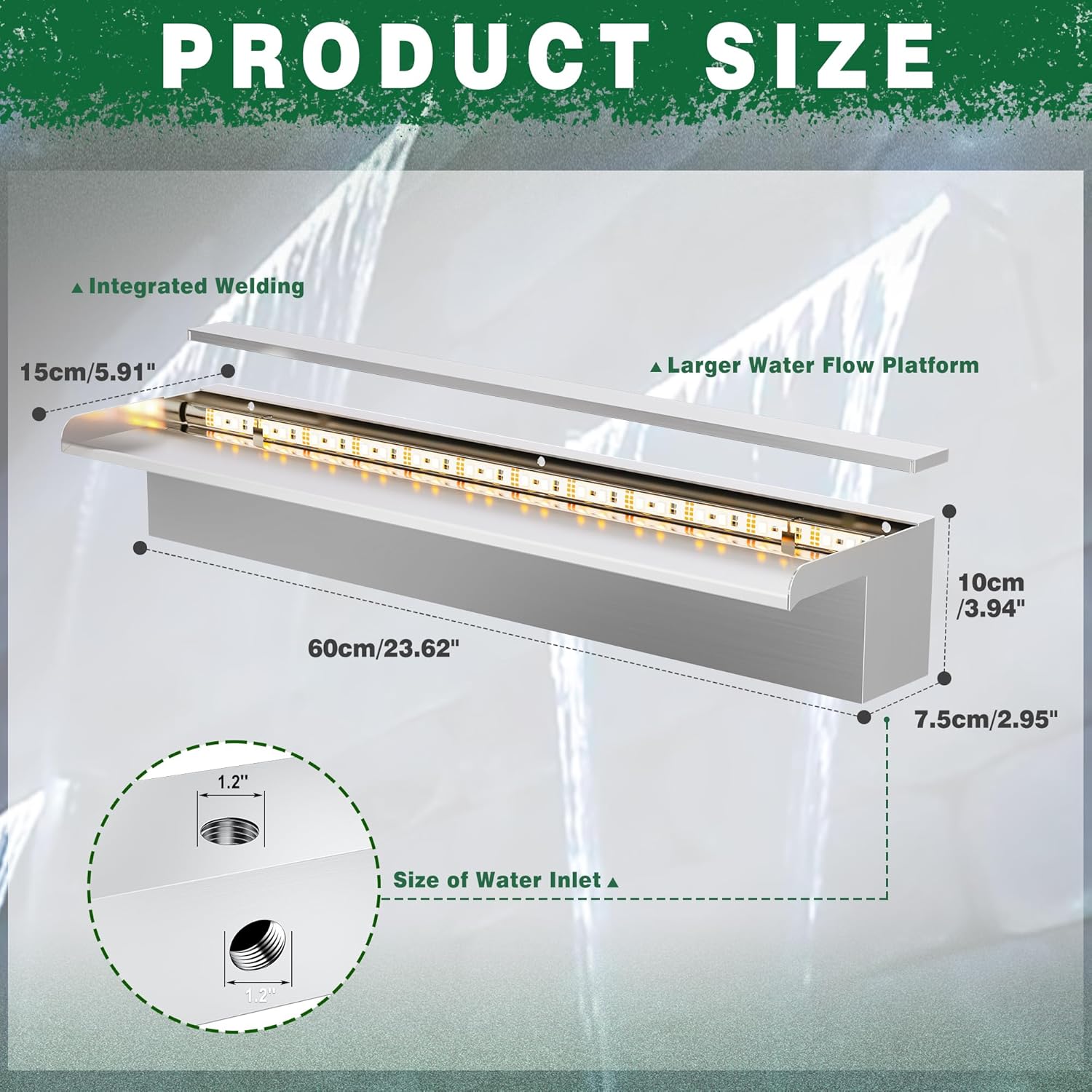 LONGRUN Waterfall Pool Fountain, Updated 5.9'' Wider Open Lip Stainless Steel Waterfall Spillway, Decorative Water Feature for Swimming Pools, Koi Ponds, Spa & Garden - 23.6''