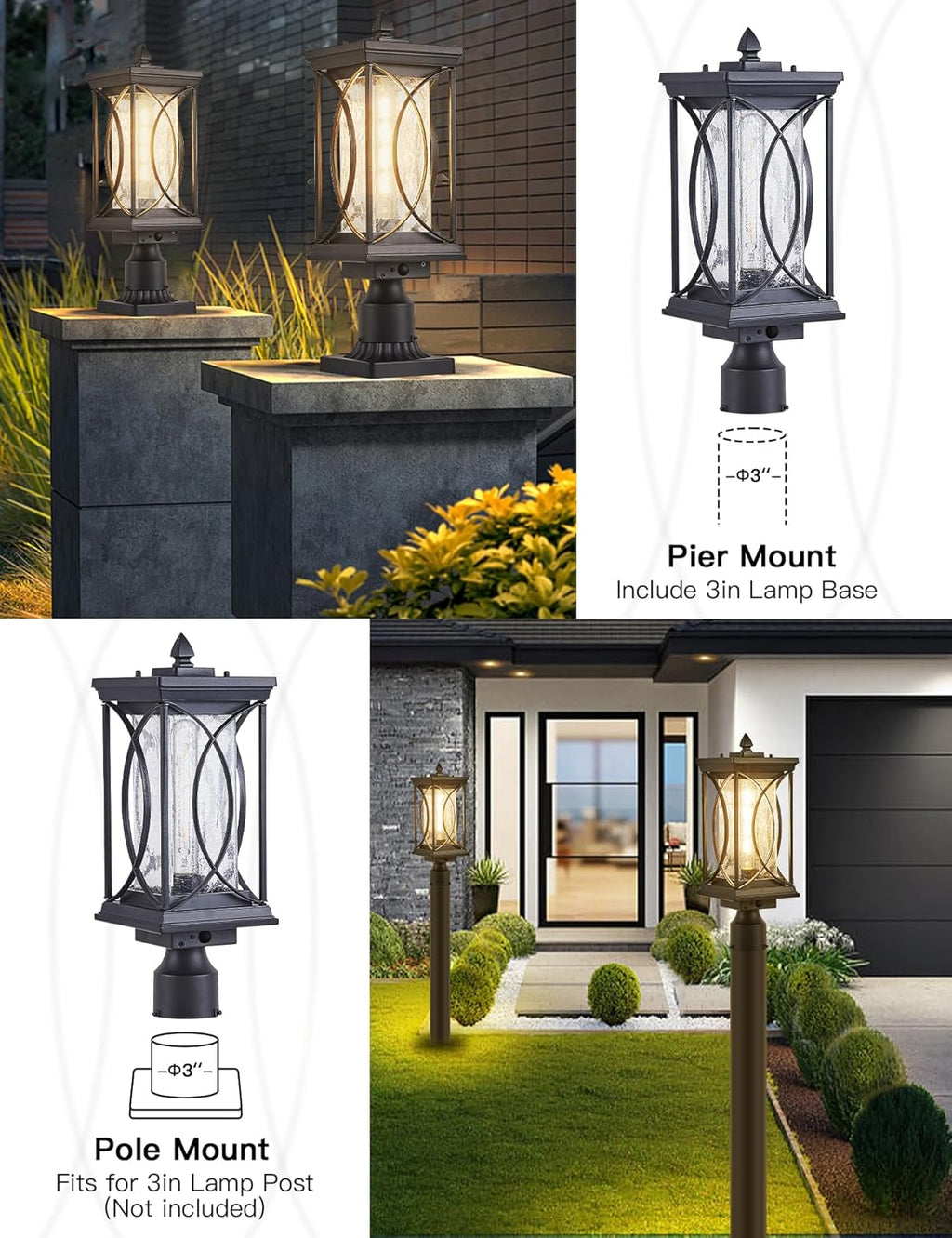 Motion Outdoor Post Lantern Dusk to Dawn Pillar Lamp with 3 Inch Pier Mount Adapter, Black Pole Light Aluminum with Crackle Glass Motion Outdoor Post Lights for Patio, Yard, Garden, Pathway