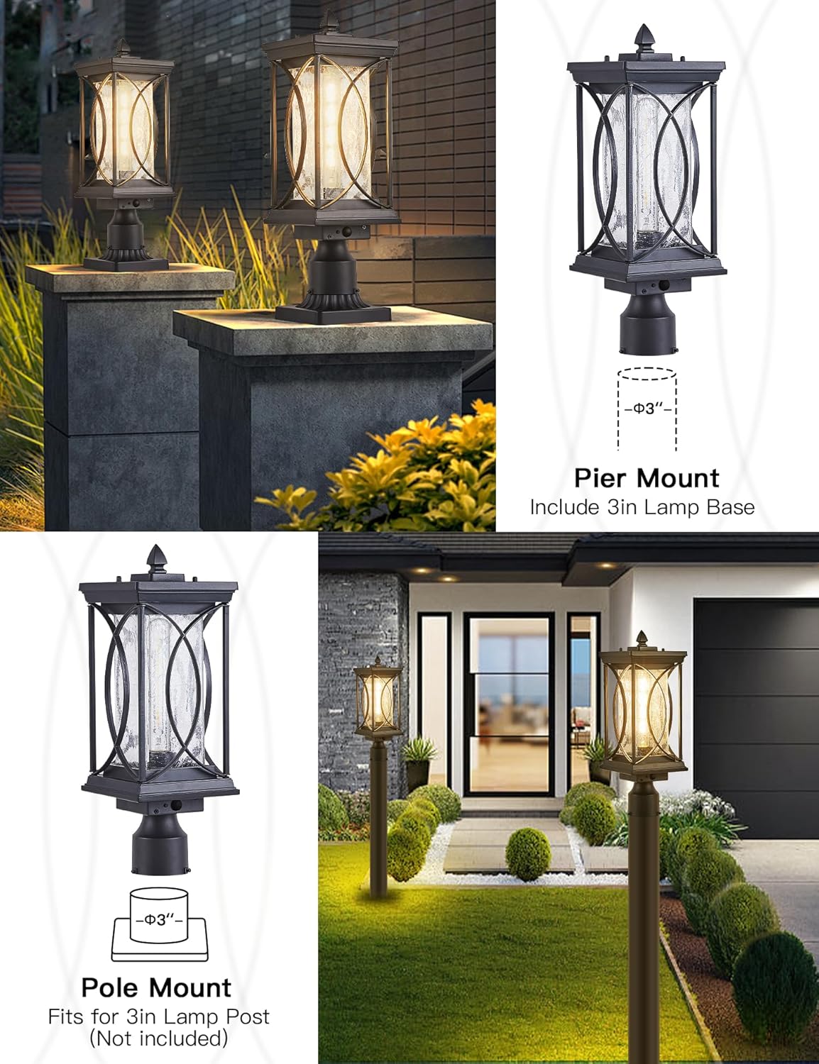 Motion Outdoor Post Lantern Dusk to Dawn Pillar Lamp with 3 Inch Pier Mount Adapter, Black Pole Light Aluminum with Crackle Glass Motion Outdoor Post Lights for Patio, Yard, Garden, Pathway