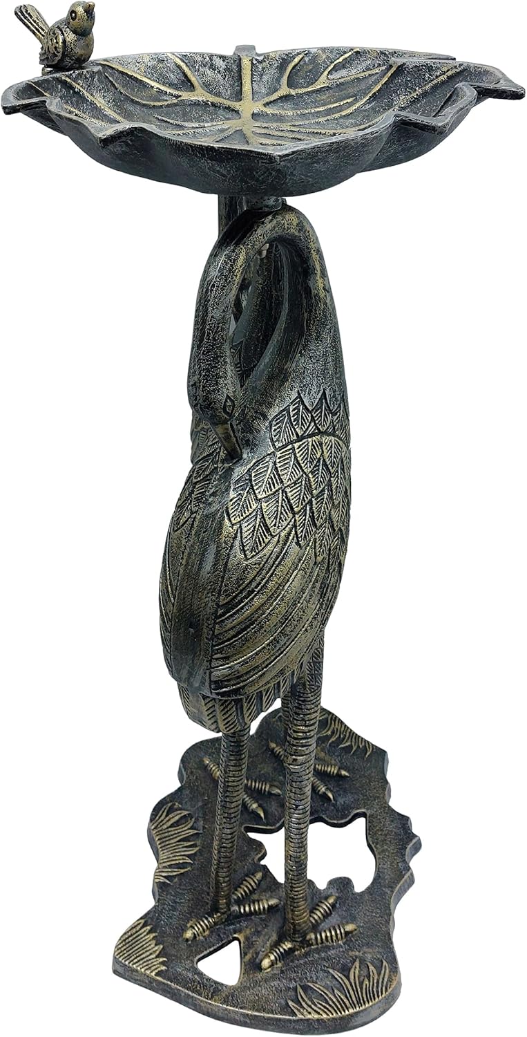 Oakland Living Cast Aluminum 30-in Twin Crane Silver Gold Bird Bath with Leaf Bowl