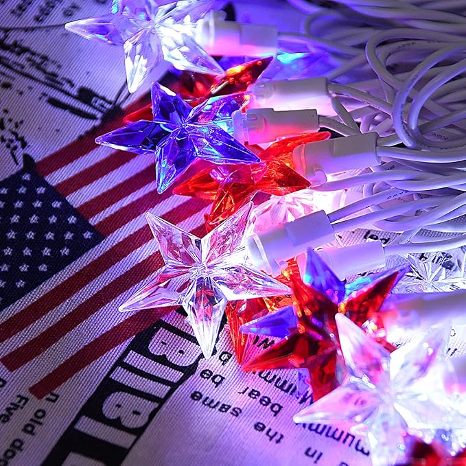 100 LED Red White and Blue Star Lights, 37FT 4th of July Star String Lights Plug in for Home Patio Garden Yard Memorial Day Independence Day Patriotic Decorations Outdoor, White Wire