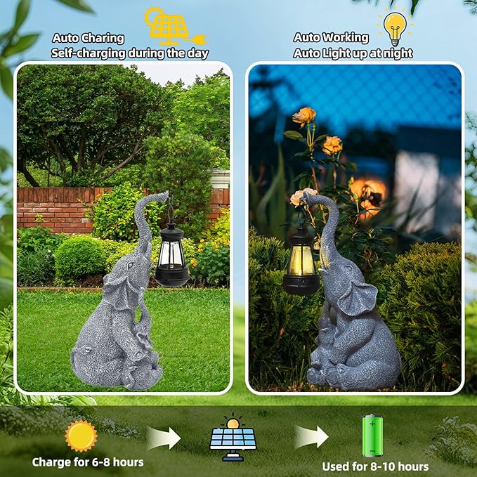 Solar Garden Elephant Statue Outdoor Decor, Cute Elephant Figurines Waterproof Garden Decor with Solar Lantern, Small Elephant Decor for Garden Yard Art Lawn Porch, Garden Gifts for Women (Elephant)