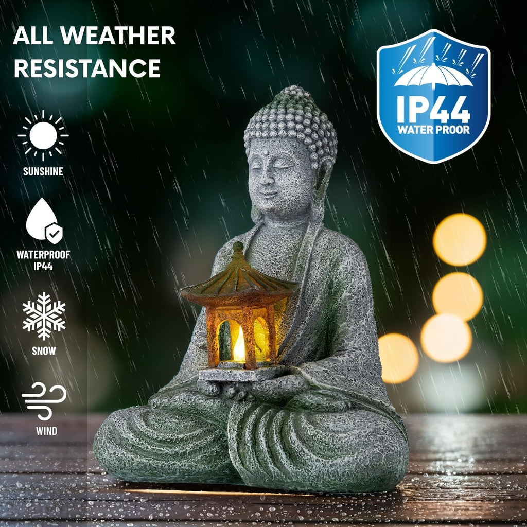 Buddha Garden Statue with Solar Light, Resin Zen Decor for Outdoor Patio or Indoor Meditation, Spiritual Gift for Women and Friends (Grey Pavilion)
