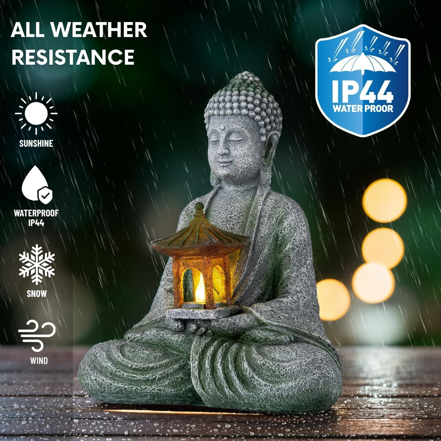 Buddha Garden Statue with Solar Light, Resin Zen Decor for Outdoor Patio or Indoor Meditation, Spiritual Gift for Women and Friends (Grey Pavilion)