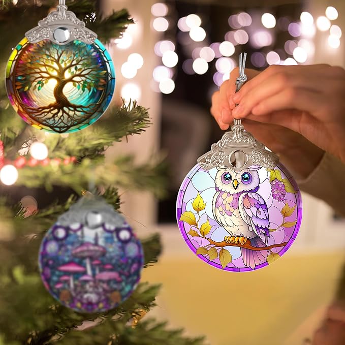 Stained Glass Suncatcher, Jocidea Owl Ornament, Christmas Ornaments, Holidays Ornaments, Christmas Tree Decor, Owl Decor for Home, Owl Gifts