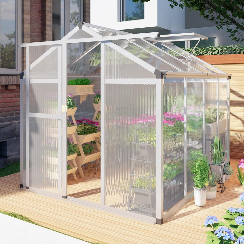 Aluminum Greenhouse for Outdoors, 6 x 8 FT Polycarbonate Walk-in Greenhouse with Quick Setup Structure and Adjustable Roof Vent, Silver