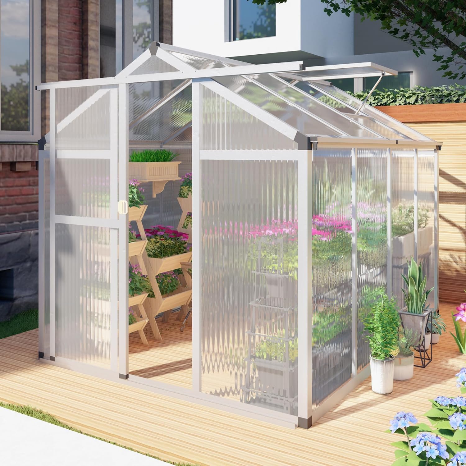 Aluminum Greenhouse for Outdoors, 6 x 8 FT Polycarbonate Walk-in Greenhouse with Quick Setup Structure and Adjustable Roof Vent, Silver
