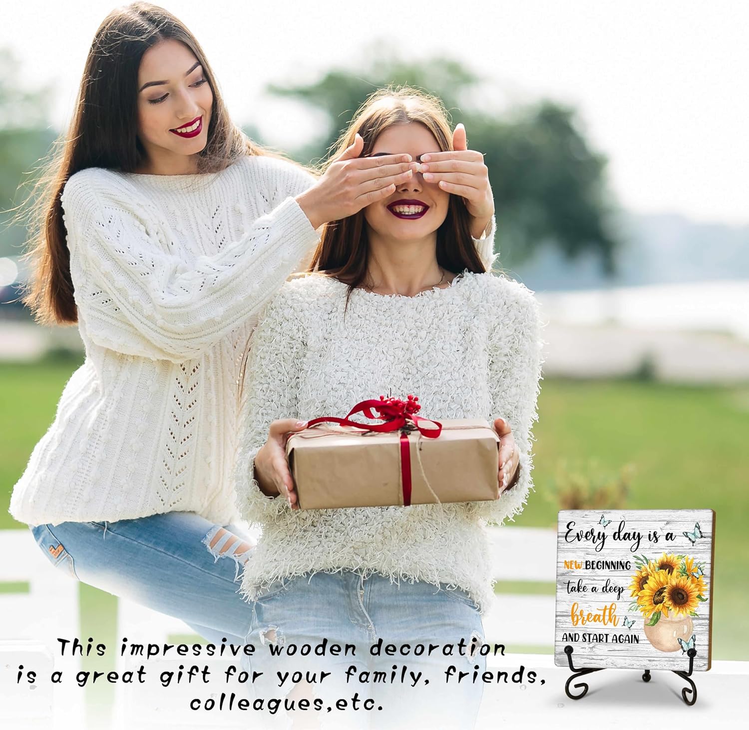 Motivational Gifts Wood Decor Sign, Inspirational Sunflower Wooden Rustic Farmhouse Decor with Stand for Home Desk Tabletop Shelf Decorations (A12)