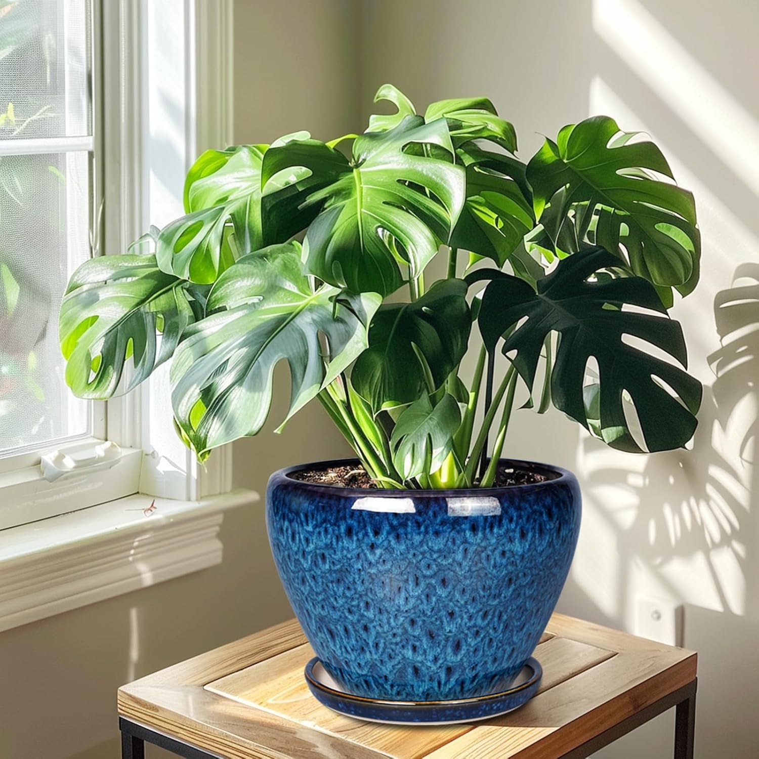 10 Inch Ceramic Planter Pot, Ceramic Plant Pot for Indoor Outdoor Plants, Large Flower Pot with Drainage Hole and Saucer, Blue