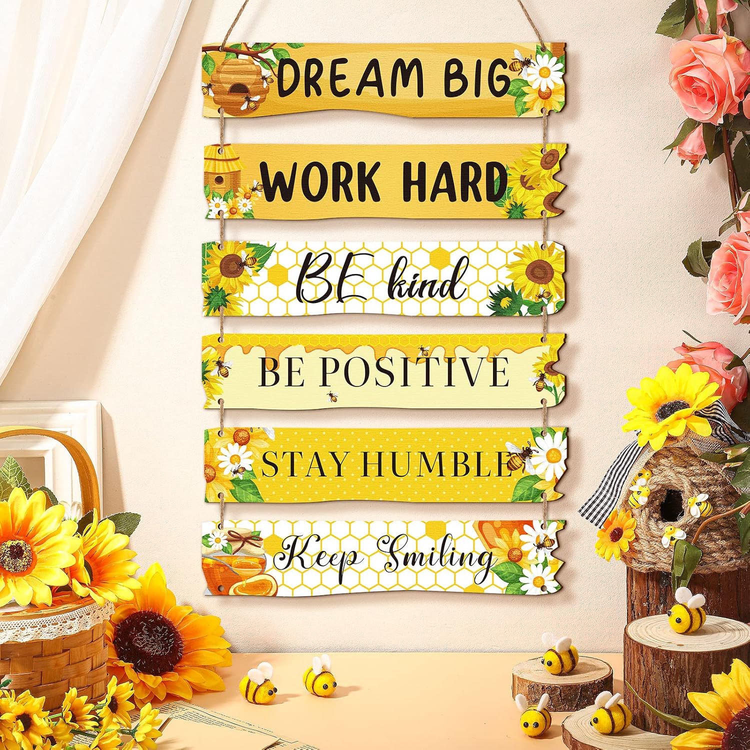 6 Pieces Rustic Wall Hanging Plaque Sign Inspirational Wall Art Farmhouse Wooden Door Signs Positive Plaque with Quotes Motivational Quote Decor for Office Bedroom Living Room(Floral Style)