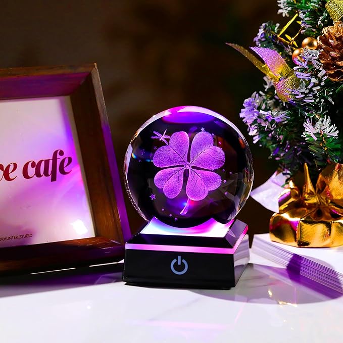 Qianwei 3D Four Leaf Clover 80mm Crystal Ball Good Luck Gifts Ideas with Multicolor Lighting Base - Irish Gifts for Women Decor 4 Leaf Clover