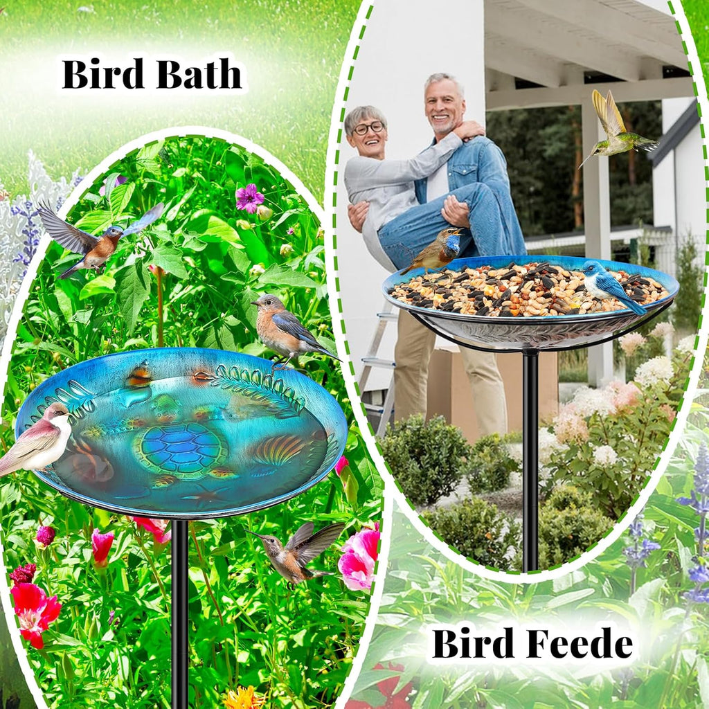 Metal Bird Bath for Outside Feeder Bowl, Detachable Birdbath & Birdfeeder with Base Stake, Vintage Bird Baths for Outdoors Garden Yard Lawn Decor (Blue)