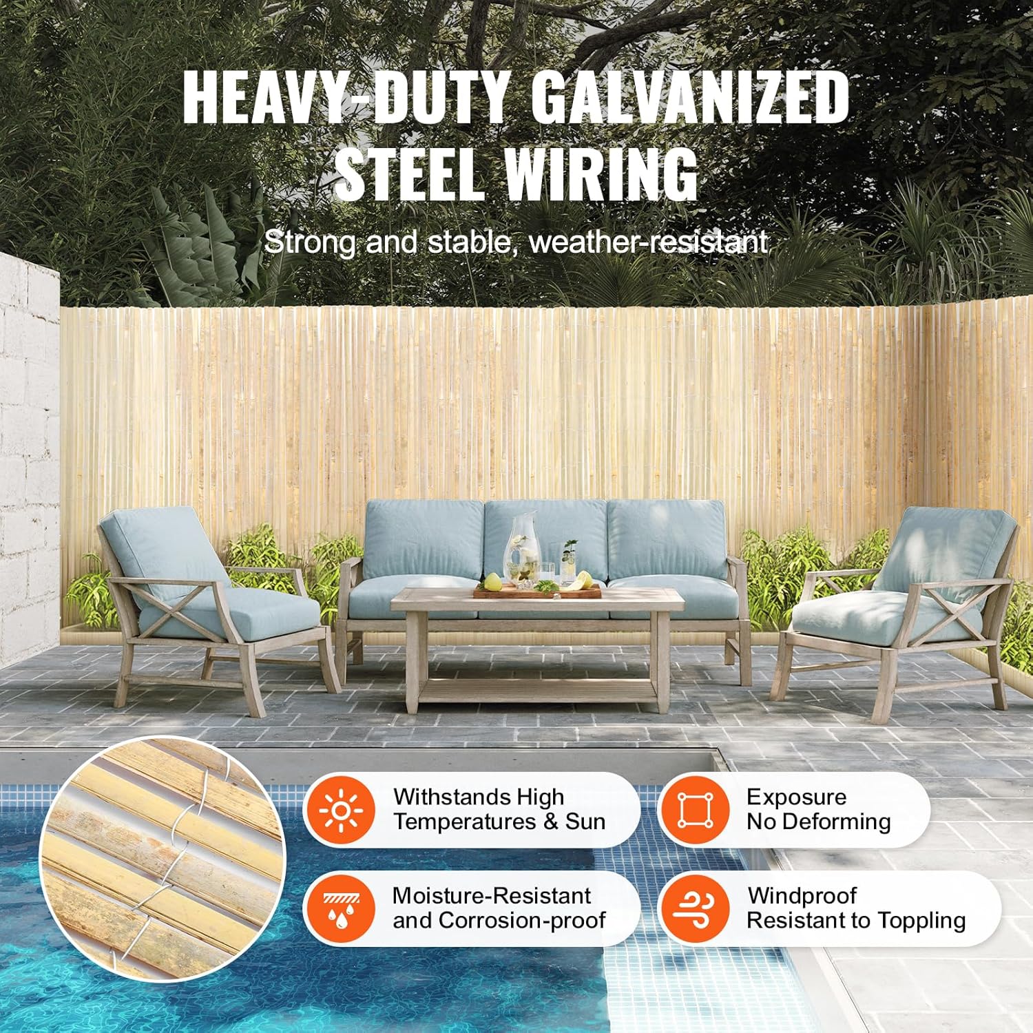 VEVOR Natural Bamboo Privacy Fence Screen, Eco-Friendly Decorative Bamboo Slat Fence, 6 ft H x 16 ft L Panel, for Garden, Backyard, Balcony, Patio, Pool Side