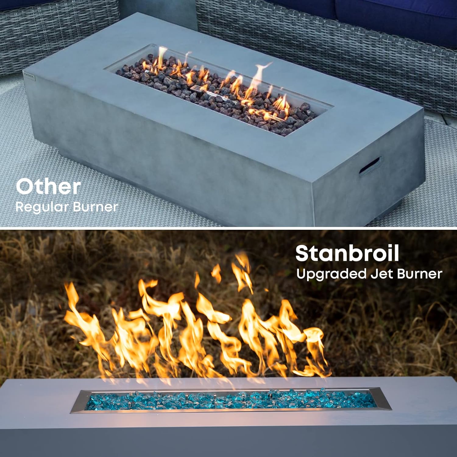 Stanbroil 24" x 8" Upgrade Rectangle Fire Pit Jet Burner Pan, 304 Stainless Steel Natural & Propane Gas Firepit for Outside, High Flame, 90k BTU Max