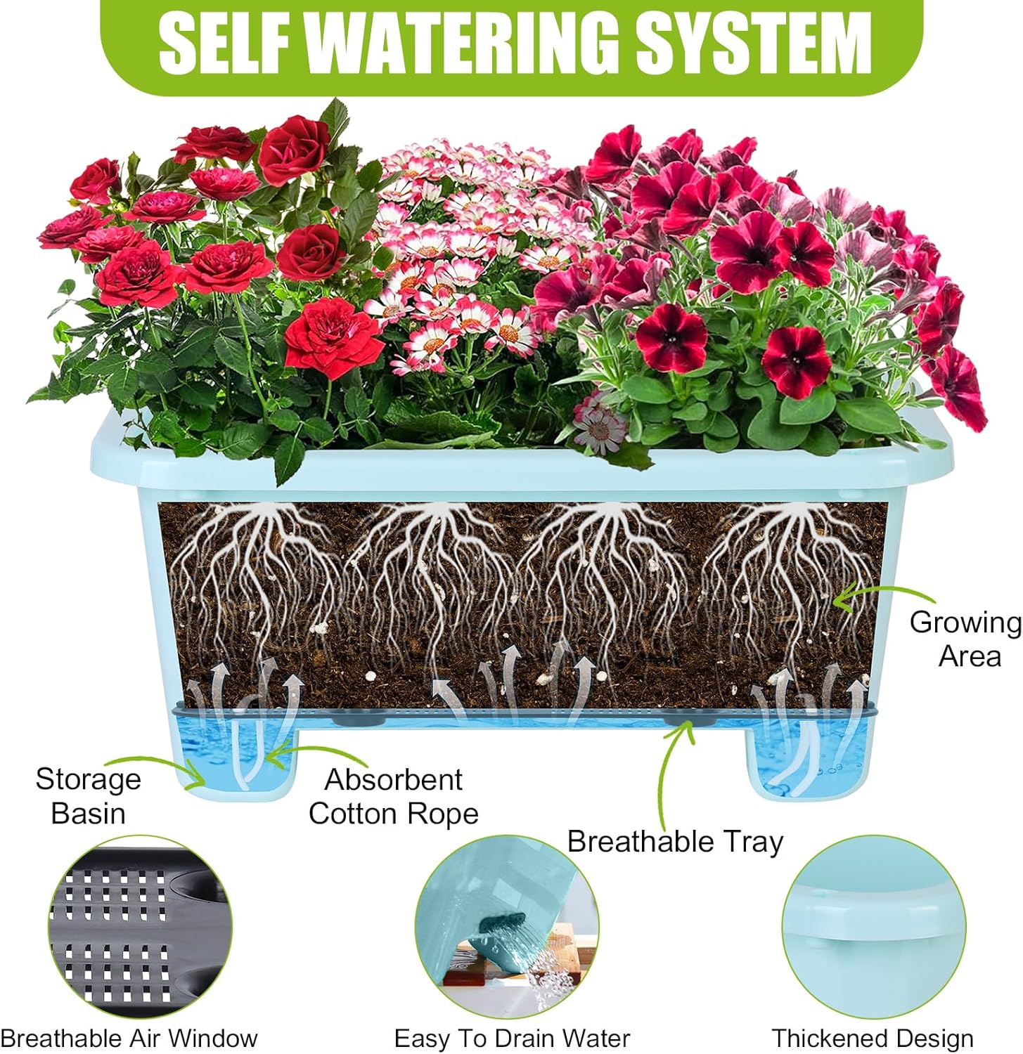 Self-Watering Rectangle Planter Boxes 8-Pack, 15.7-Inch Window Box Planter with Drainage Holes & Trays, Pots for Vegetables, Herbs, Flowers, Garden Windowsill Balcony (Sky Blue, 15.7*8.3*7.1 inch)