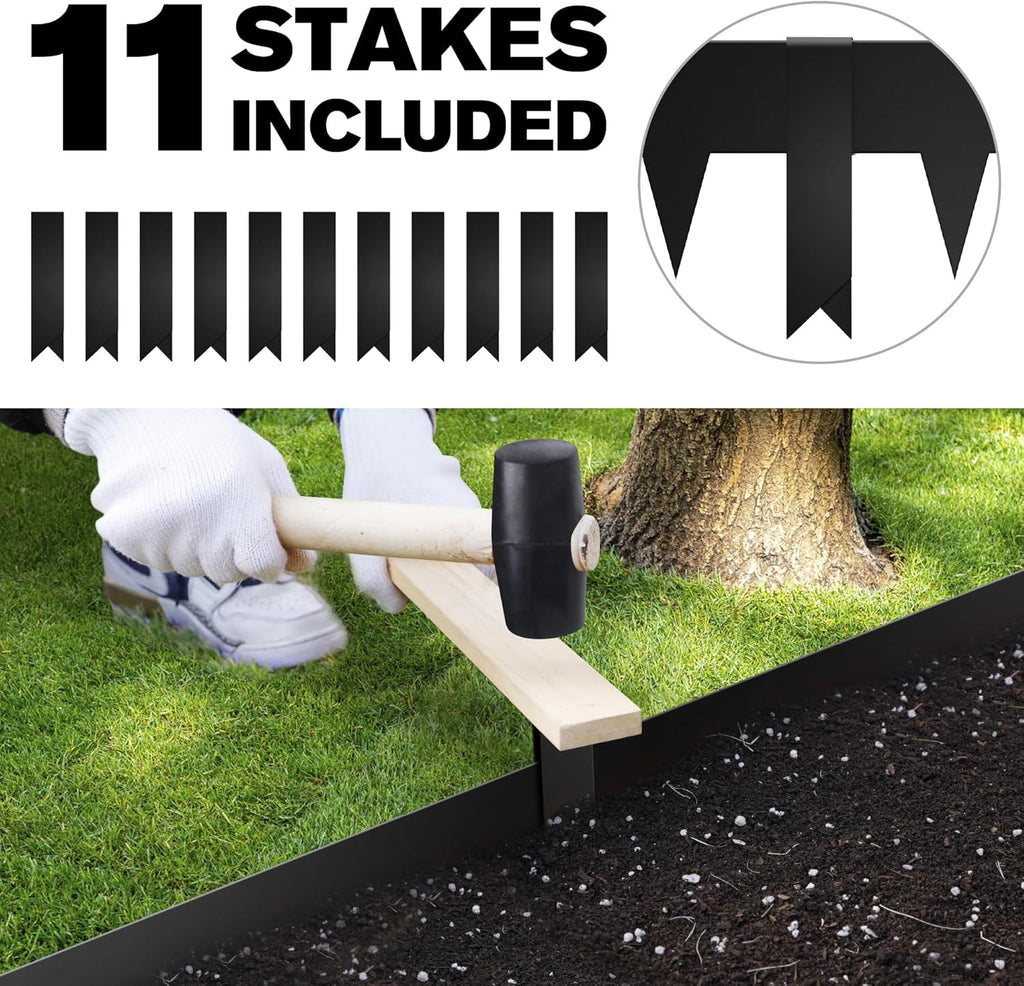 KOL Galvanized Steel Flexible Garden Lawn Edging, 10-Pack Black Metal Landscape Edging Strips - Heavy Duty Hammer-in Border with 11 Clips - 16-Gauge - 40" L x 4.5" H (33FT Total Length)