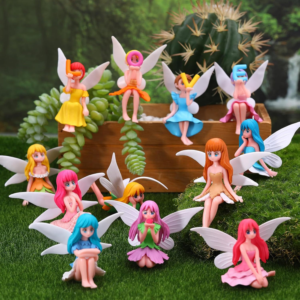 12 Pcs Miniature Fairy Figurines, Hand-Painted Small Flower Fairies with Wings for Garden Decor, Cake Topper & Landscapes