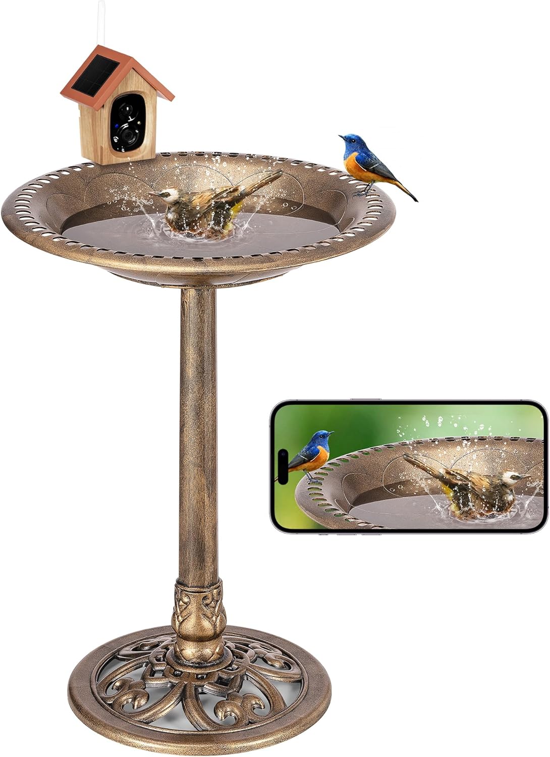 VIVOHOME Smart Polyresin Bird Bath with Camera, 2K HD Solar Powered Outdoor Bird Feeder with Night Vision, AI Bird Identification, Two-Way Audio, Instant Motion Alerts, 2.4GHz WiFi, Copper