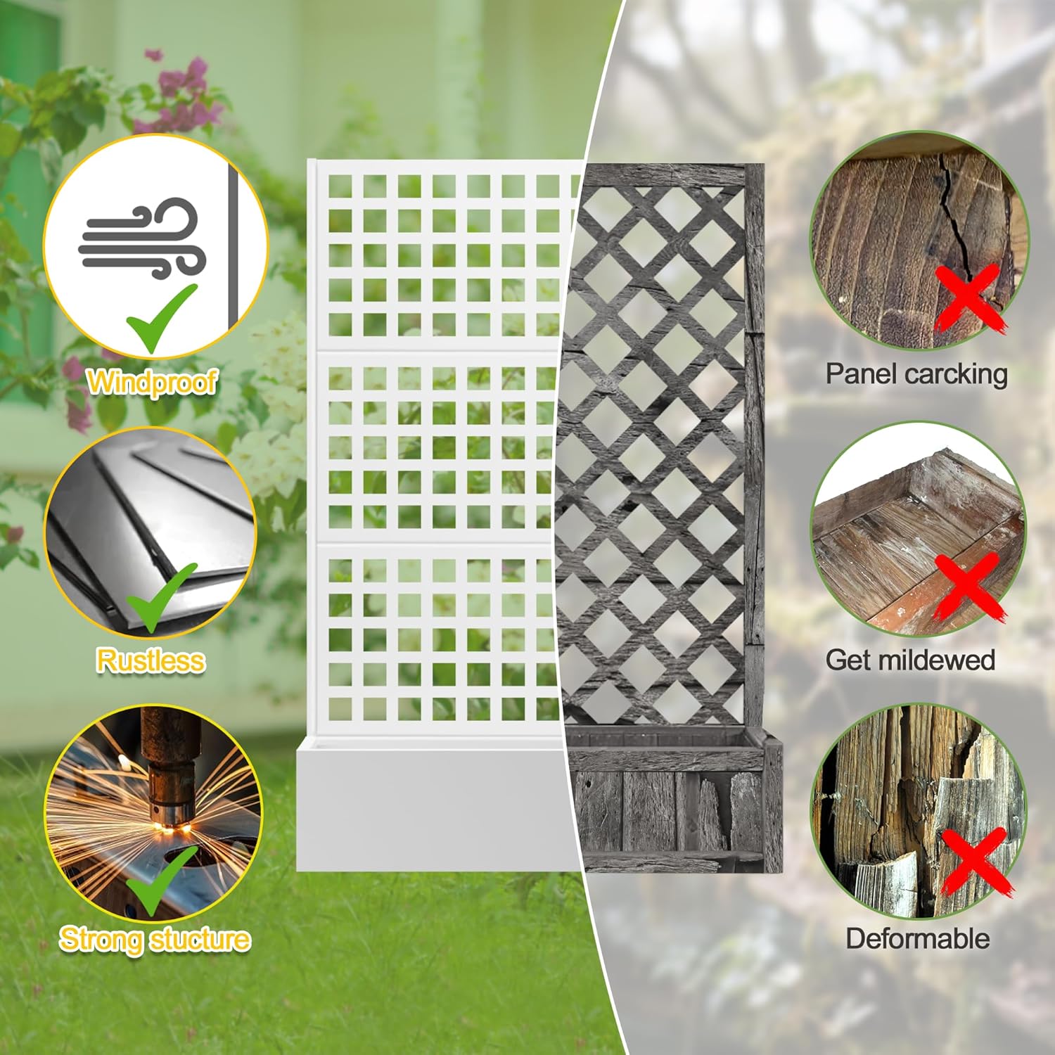 FENCY Metal Raised Garden Bed with Trellis, Metal Planter Box with Trellis, Garden Box for Climbing Plants Vegetable, 47''Lx16''Wx71''H Garden Bed with Drainage Holes(White)