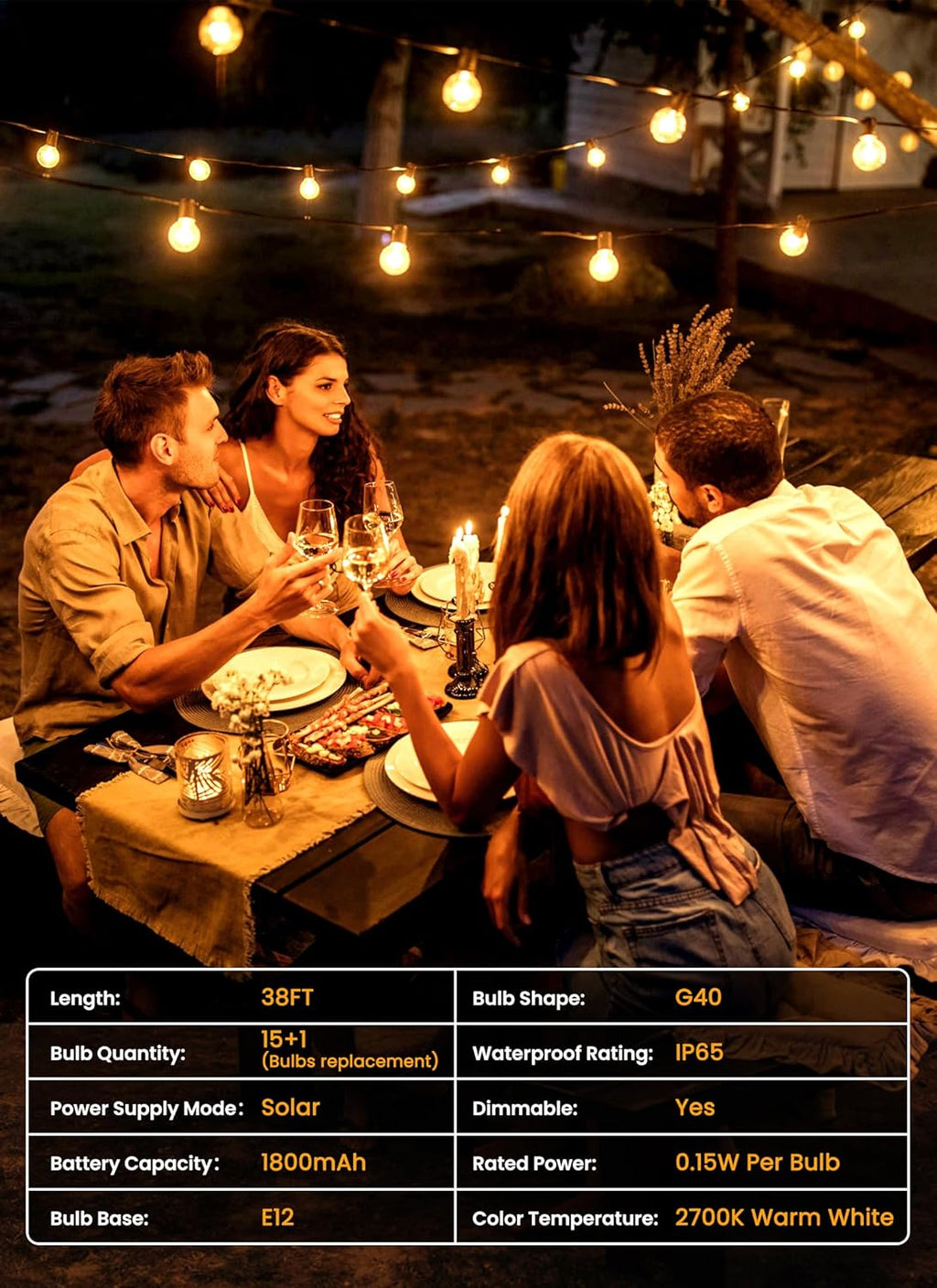 Brightown 38FT Solar String Lights Outdoor with Remote and 16 LED Shatterproof Bulbs, Dimmable & Timable, 3 Light Modes, Solar Patio String Lights Outdoor for Cafe, Garden, Deck, Outside Wedding