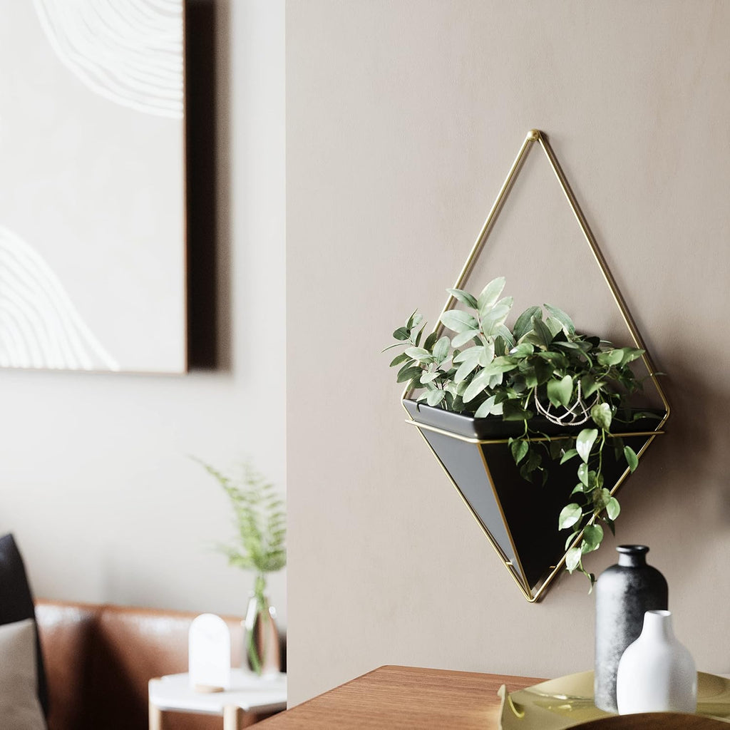 Umbra Trigg Hanging Planter Vase Wall Decor, Pot and Container for Succulents, Cactus, Faux Plants, and More, Large, Black/Brass