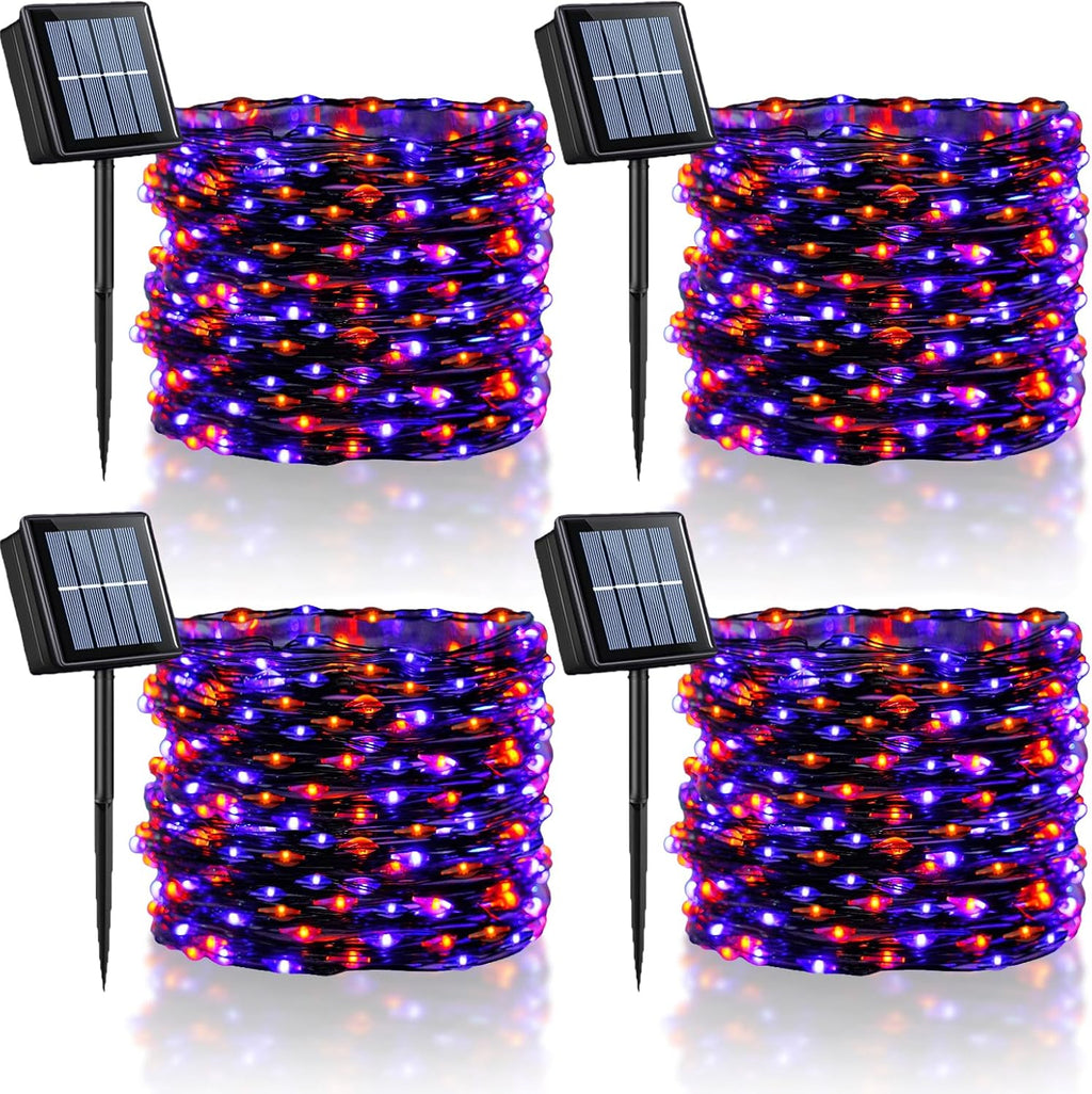 YEGUO Orange and Purple Halloween Lights Outdoor Waterproof, 4 Packs Each 33ft 100 LED Solar Fairy Light,8 Modes Black Wire String Lights