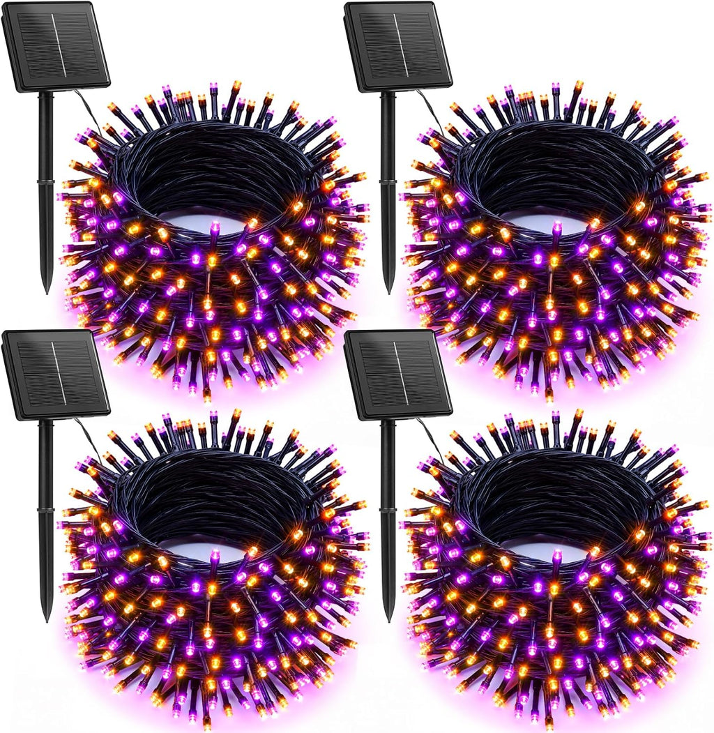 Brightown 4 Pack Solar Halloween String Lights, Total 184FT 480 LED Solar Lights Outdoor Waterproof Black Wire with 8 Modes, Solar Fairy Light for Garden Yard Patio Party Decors, Orange and Purple