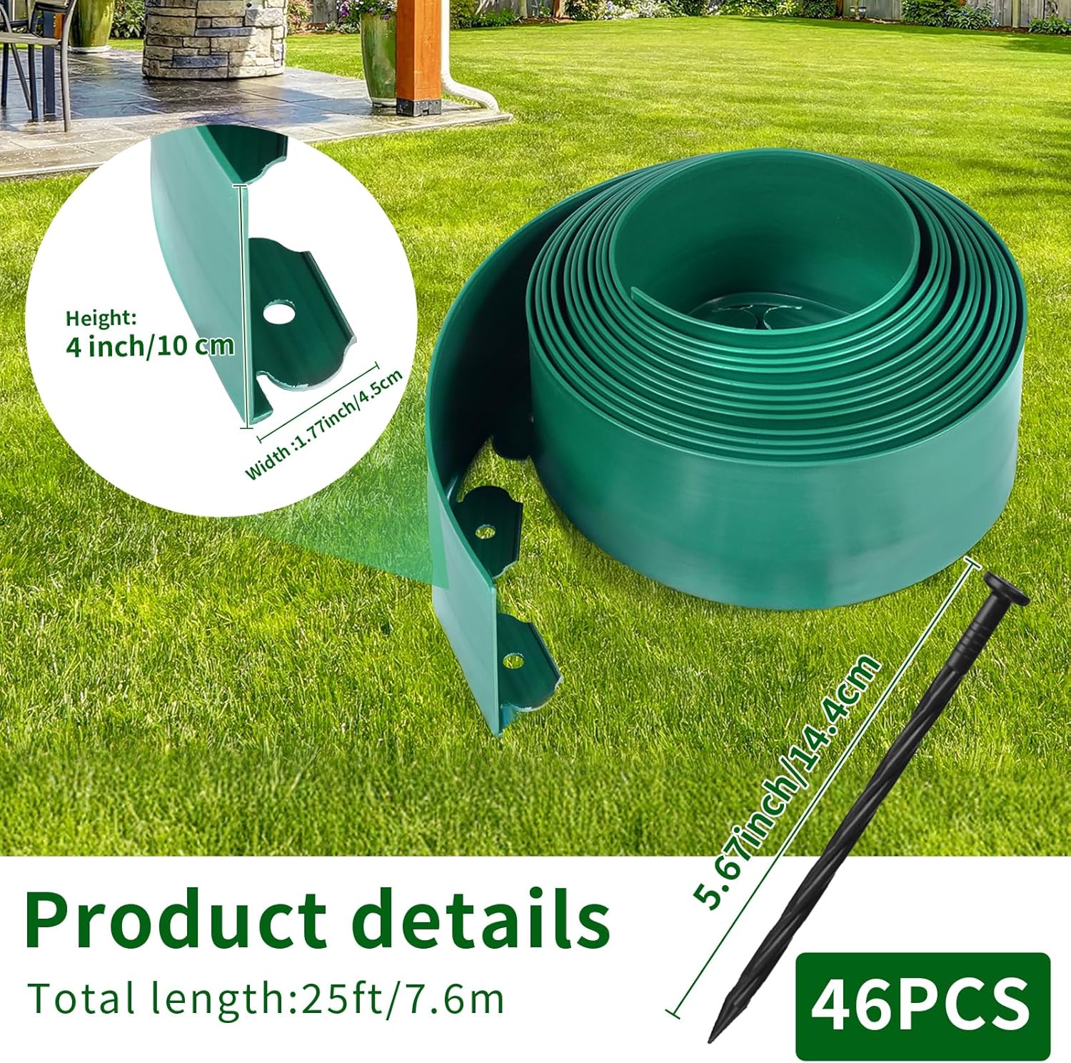 4 in x 25 Ft Garden Landscape Edging, No Dig Garden Edging Border Kit with 46 Pcs Spikes for Flower Bed Lawn Yard Grass Green