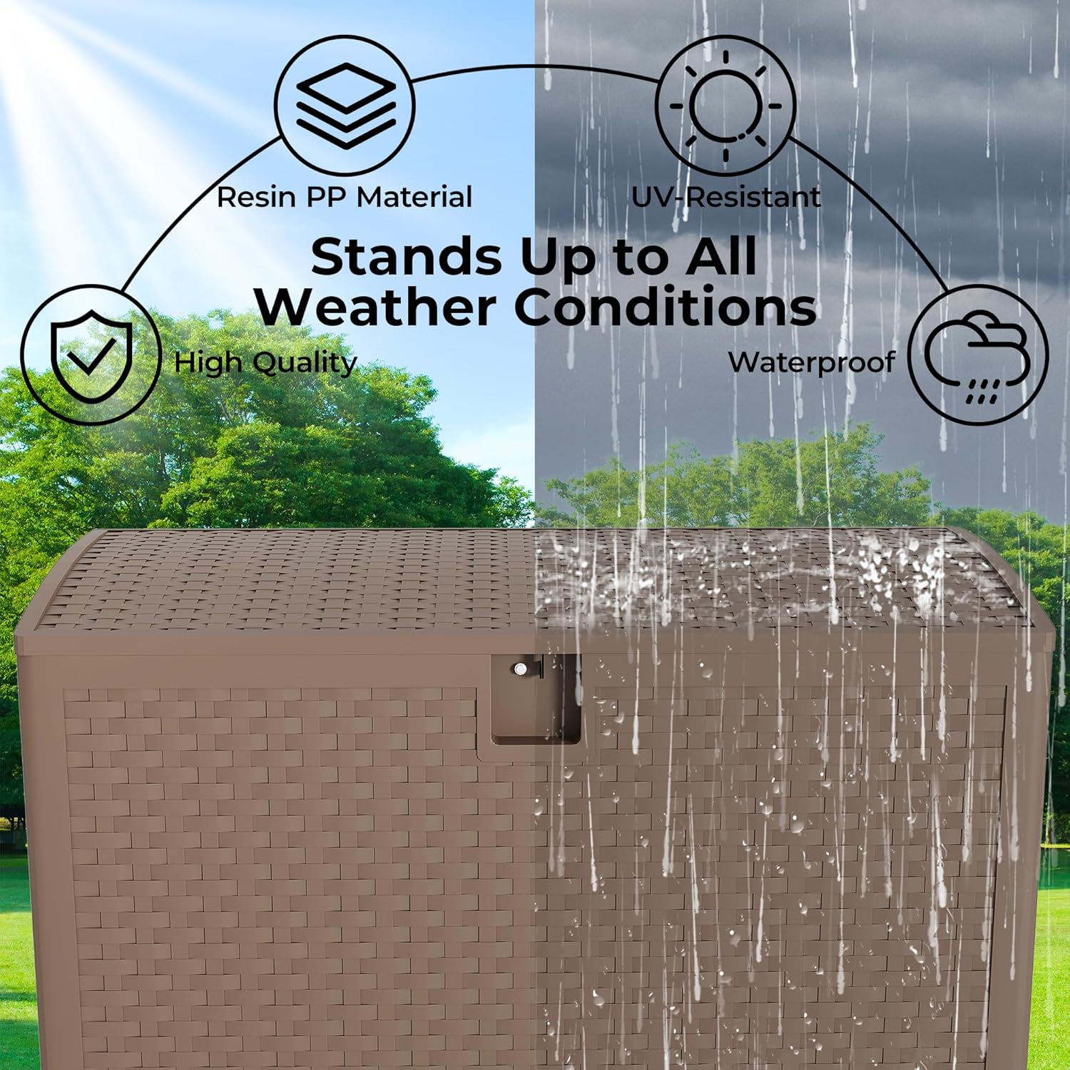 120Gallon Brown Resin Deck Box, Outdoor Storage Box Waterproof Lockable, Patio Deck Box For Package Delivery, Outside Storage Box Container for Furniture Cushions, Garden Tools, Pool Accessories