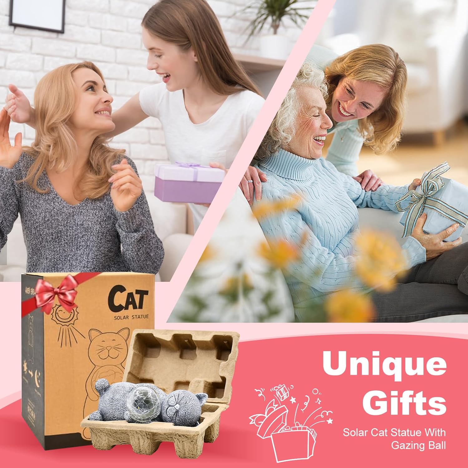 Solar Cat Statue Garden Decor - Cat Lover Gifts, with Gazing Solar LED Lights Ball Cats Decoration for Garden Yard Patio Lawn Balcony - Gifts for Mom Grandma (Gray)