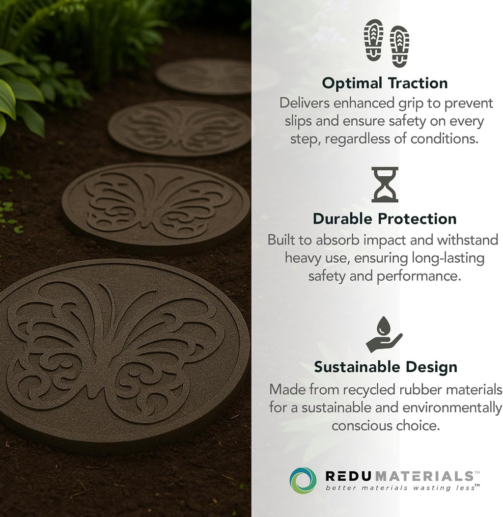 Garden Central 4-Pack 18”x18” Fake Butterfly Rubber Stepping Stones, Round, Grey – Reversible Non-Slip Outdoor Faux Decorative Set for Landscaping – DIY Decor for Walkways & Yard Pathways