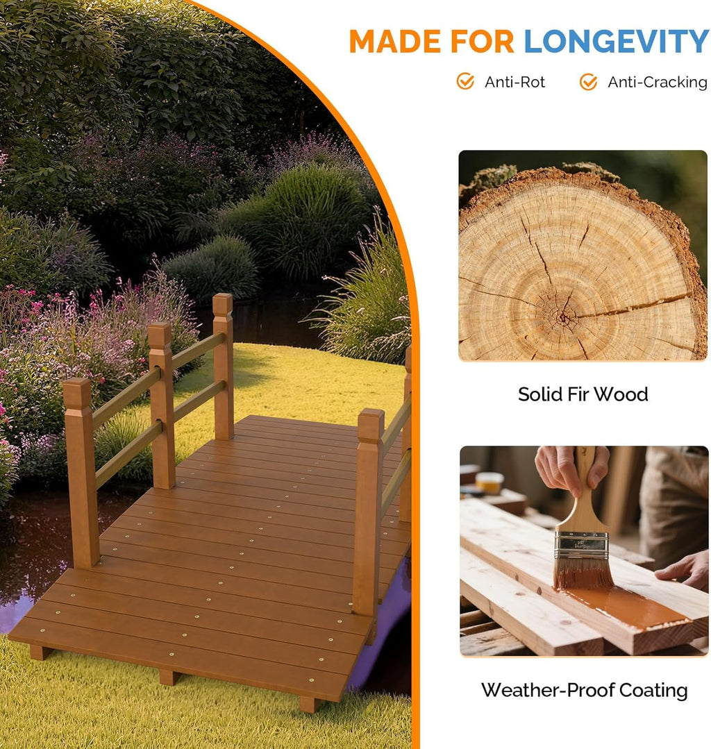 VINGLI Garden Bridge, Classic Wooden Arch with Safety Rails Footbridge (Brown, 5 ft)