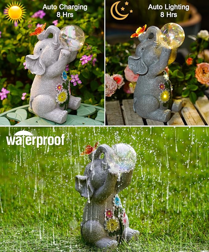 Nacome Solar Elephant Outdoor Statues for Garden: Outside Decor with Blow Bubbles Ball Lights Clearance for Yard Art Lawn Ornaments Porch Patio Balcony Home - Birthday Gifts for Grandma Mom Women