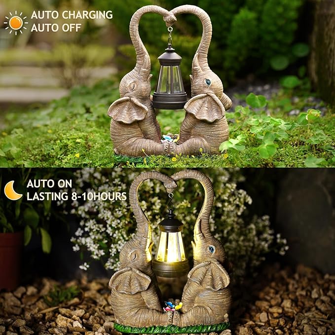 Elephant Statue Easter Garden Decor with LED Solar Lights-Set of 2 Good Luck Elephant Outdoor Statue Christmas Decorations for Yard Patio,Porch,Home -Mothers Day Gifts for Women, Mom, Grandma