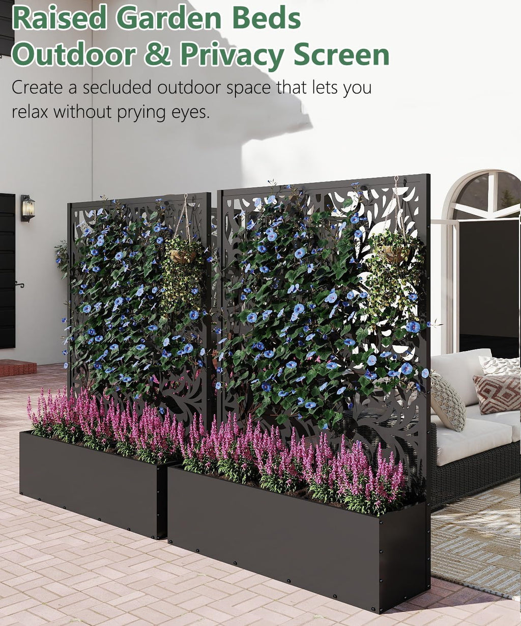 2PCS Metal Planter Box with Trellis,70.9"x47.2"x15.7" Raised Garden Bed with Drainage Holes, Privacy Planters for Outdoor Garden Bed for Climbing Plants,Vegetables,and Vines, Black-Flower