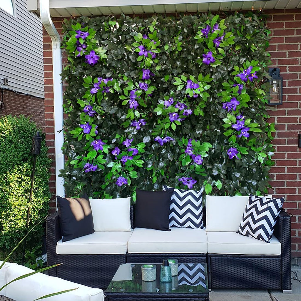 Expandable Fence Privacy Screen for Balcony Patio Outdoor,Decorative Faux Ivy Fencing Panel,Artificial Hedges (Single Sided Leaves) (2, Branches -Purple Fowers)