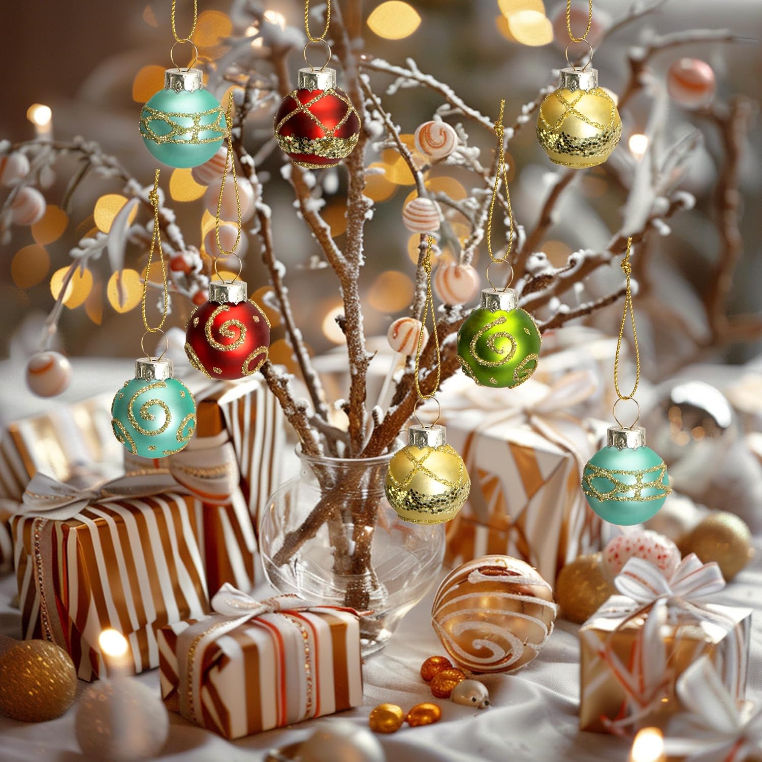 Watayo 24 Pcs Christmas Mini Multi Color Balls Glass Ornaments, 1" Mini Vintage Glittering Ball Hanging Ornaments for Tree, Red Green Gold Blue Glass Small Ball Tree Decoration for Xmas Home Decor