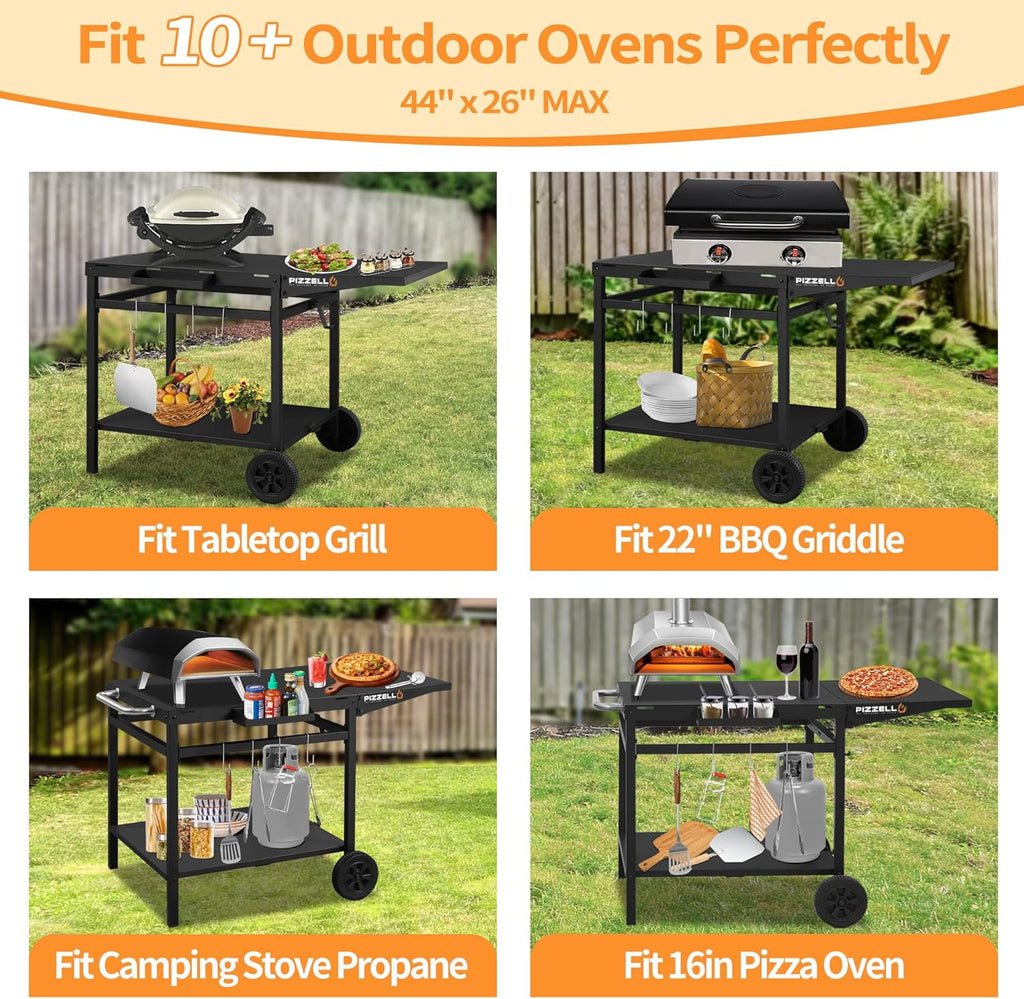 Outdoor Grill Table 44" x 26" Movable Pizza Oven Stand Foldable Double-Shelf Grill Cart Fit for 12/16inch Oven Ooni Ninja Woodfire Blackstone