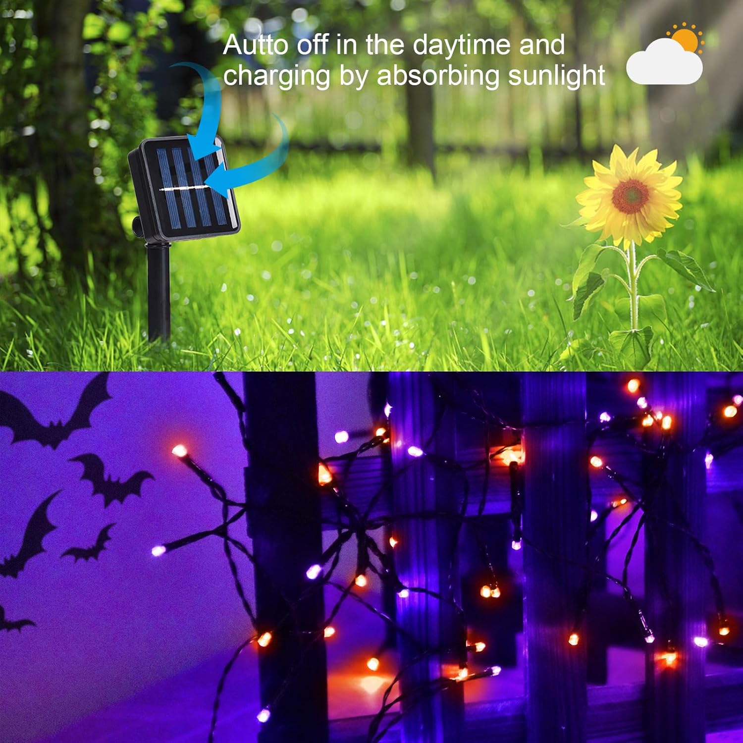 2 Pack 400 LED Solar String Lights, 8 Modes Solar String Lights for Outside, Waterproof and Solar Powered Outdoor String Lights for Holiday Christmas Yard Garden Tree Wedding Party (Orange Purple)