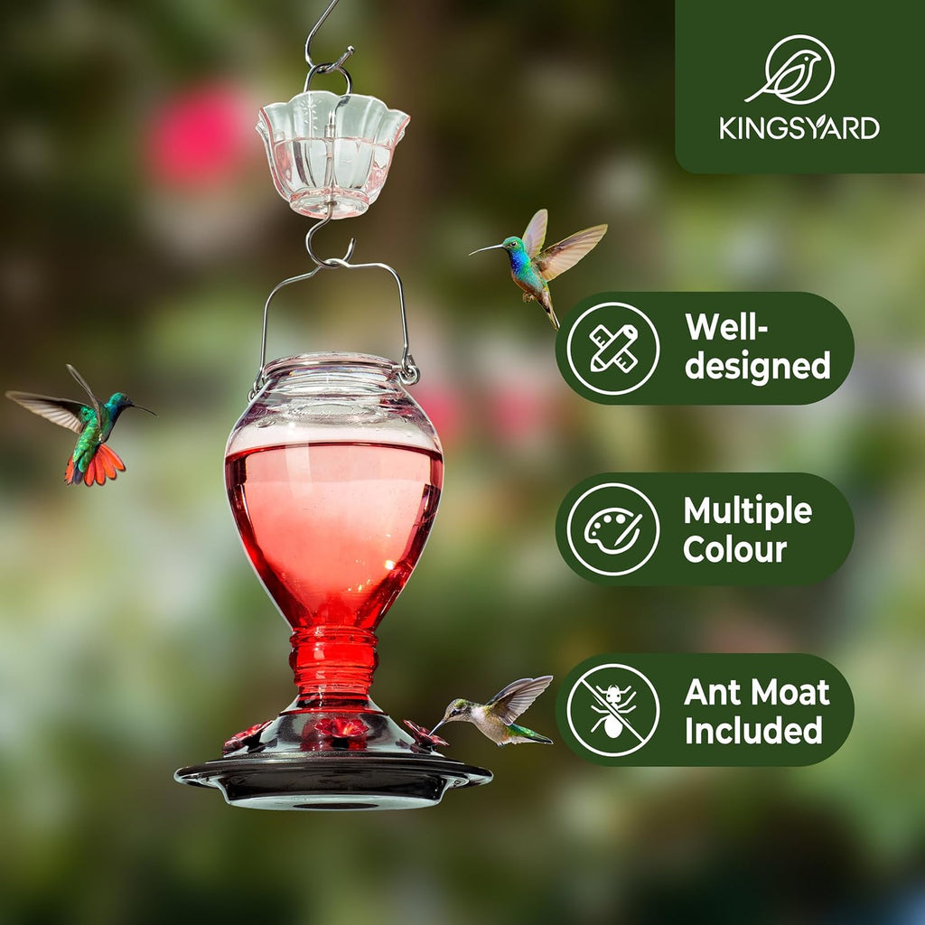 Kingsyard Glass Hummingbird Feeder - 6 Bee Guard Feeding Ports & Ant Moat, 24 oz Leak Proof, Wild Bird Feeder for Outdoors Hanging, Easy to Clean & Refill, Garden Yard Décor, Red & Pink